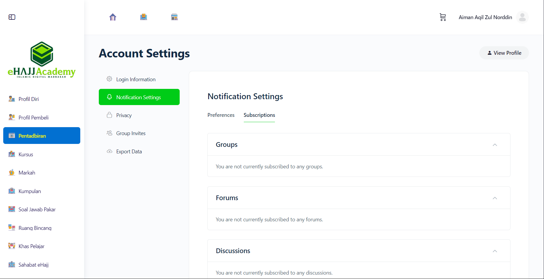 Notifications Settings Page (Subscriptions)