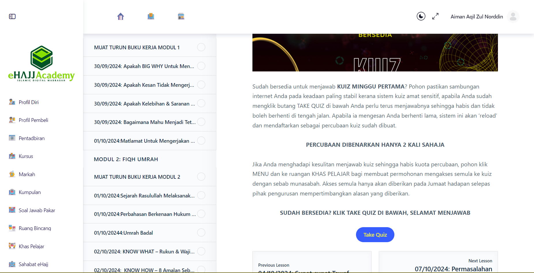 Kursus (My Courses) Kuiz Detail Page