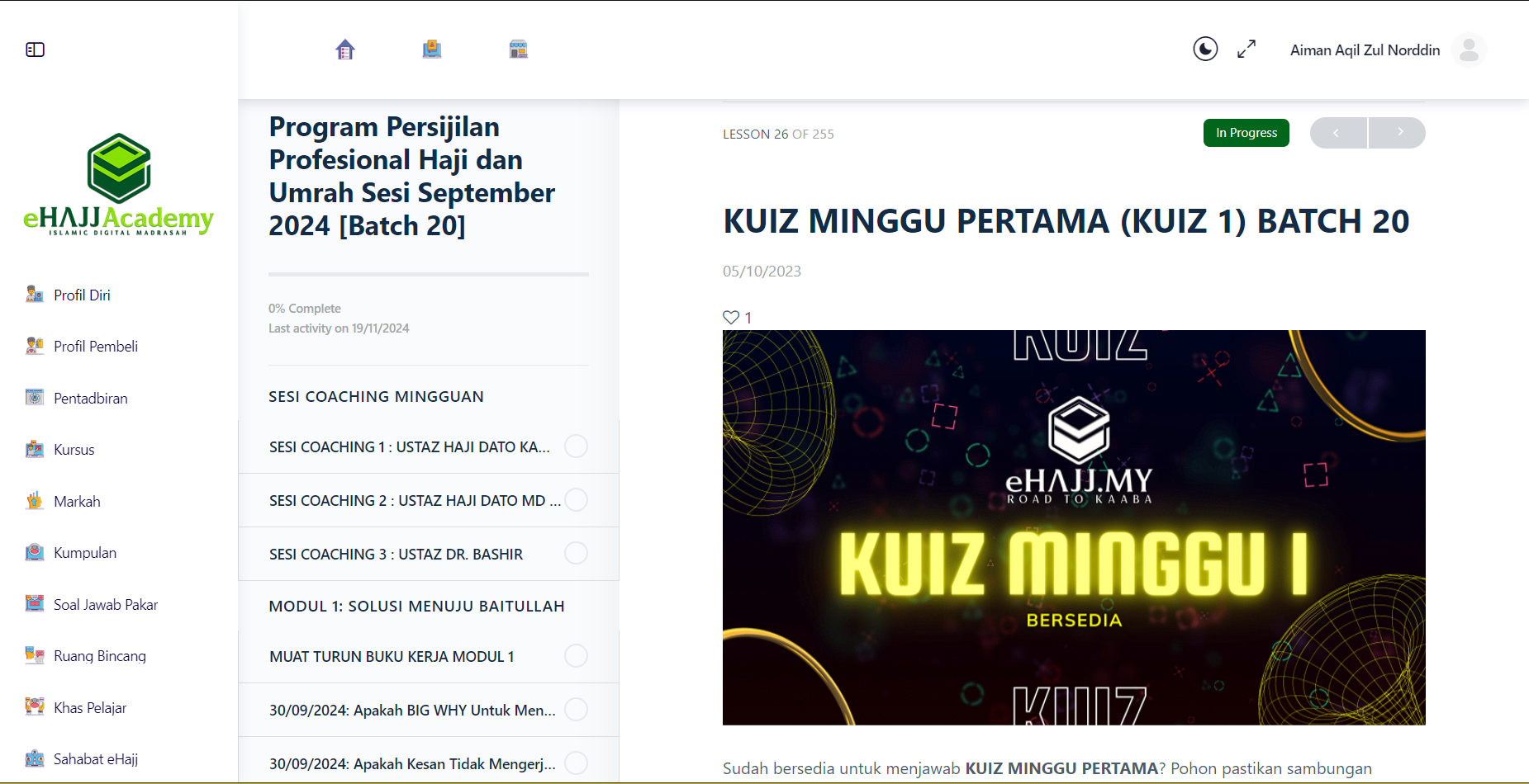 Kursus (My Courses) Kuiz Page