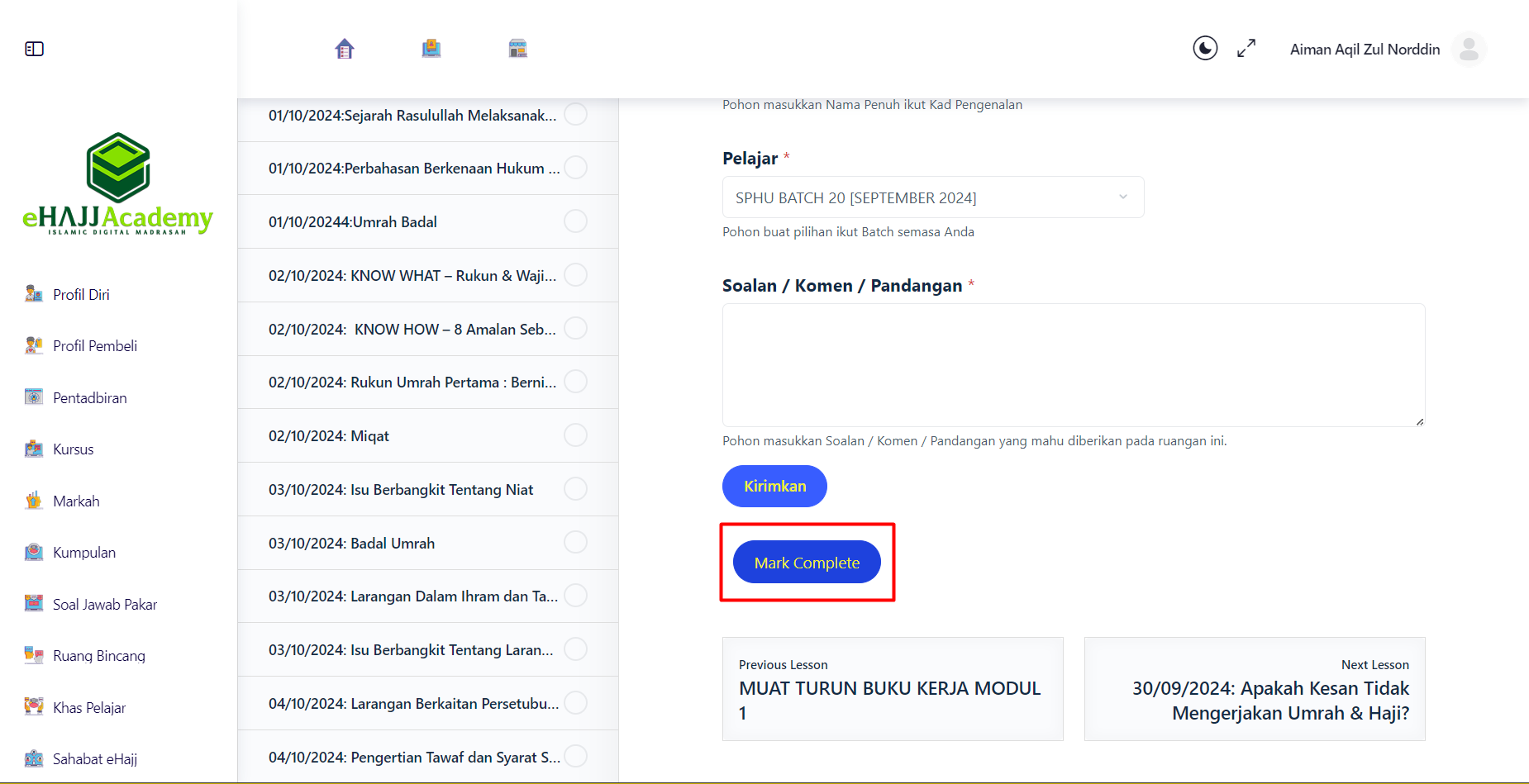 Kursus (My Courses) Mark Complete Page